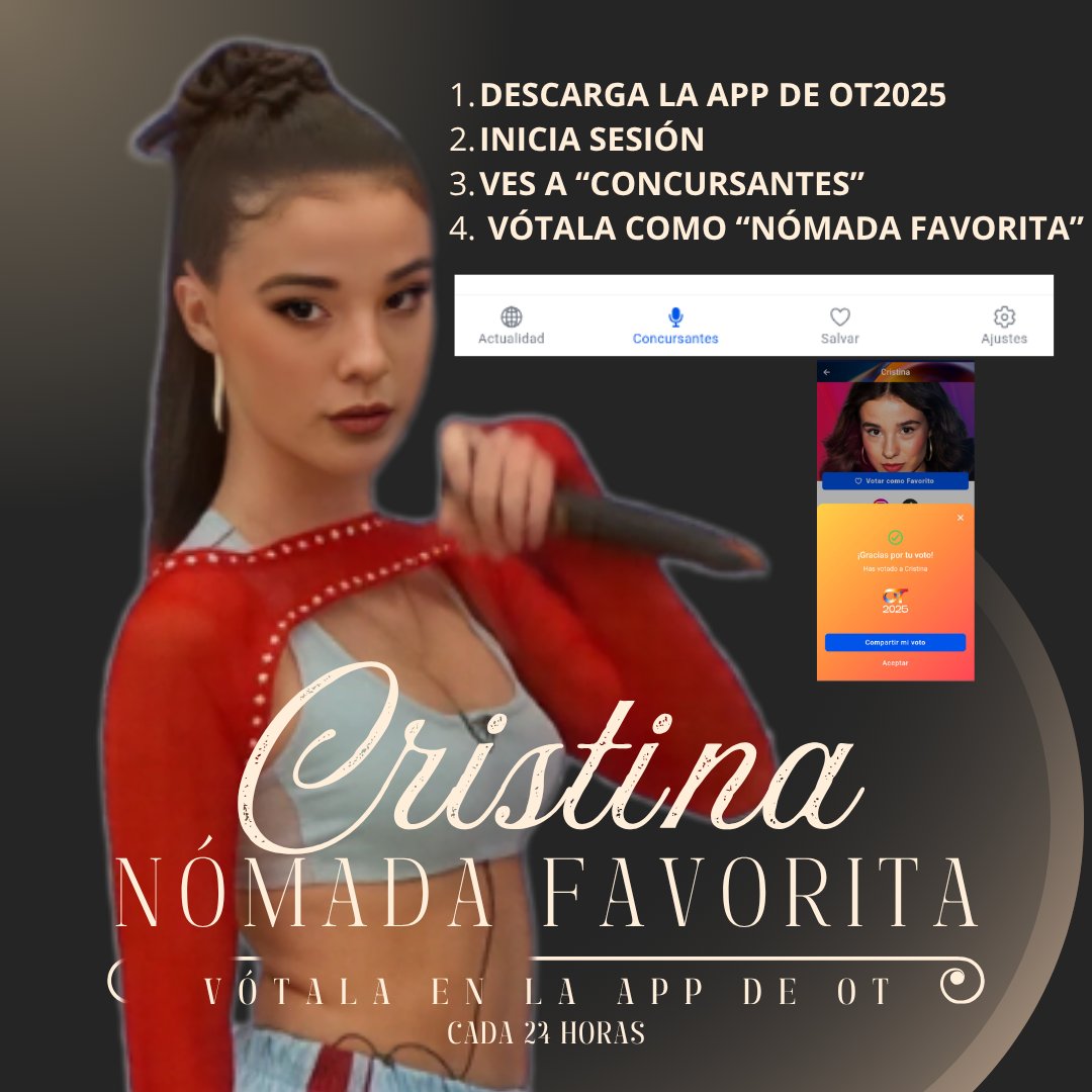 Esta semana retomamos las buenas costumbres!

Esta reina lleva 4 galas perfectas y merece volver a estar entre los favoritos y que se valore de nuevo todo su esfuerzo y trabajo.

CON ELLA A MUERTE!

ESTA SEMANA SE VOTA CRISTINA FAVORITA!
#OTGala3 #OTDirecto6O #OTDirecto7O