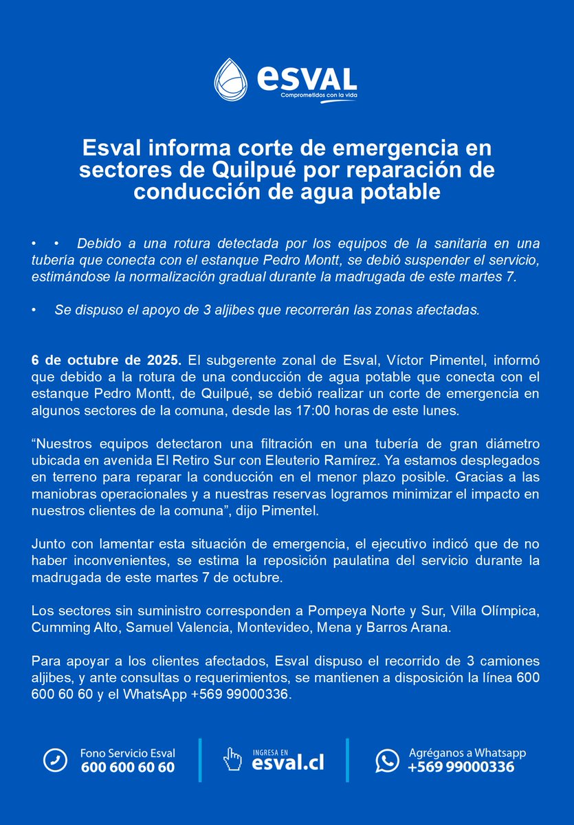 #EsvalInforma Debido a la reparación de conducción de agua potable que conecta al estanque Pedro Montt, en #Quilpué, registramos corte de emergencia en algunos sectores de la comuna. Estamos apoyando con 3 camiones aljibes y estimamos reposición durante la madrugada. Detalles⬇️