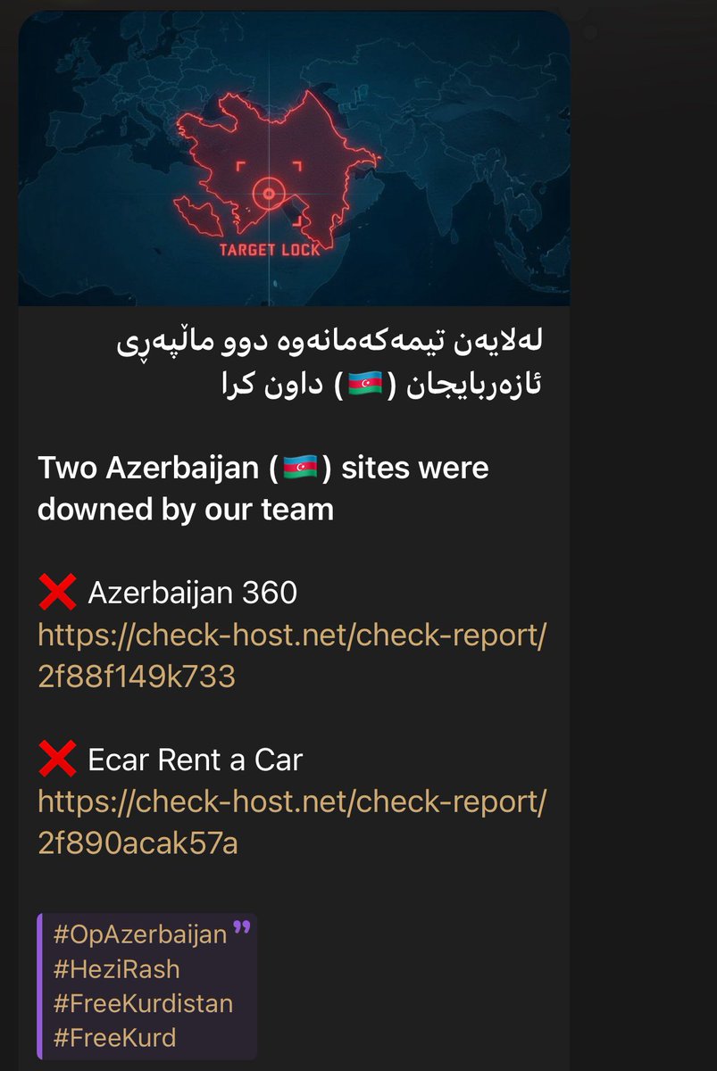 cyberasia_io's tweet image. DDoS Attack 🇦🇿

Hacktivist group Hezi Rash has claimed responsibility for a DDoS attack targeting two Azerbaijani websites. Azerbaijan 360 and Ecar Rent a Car.
According to their statement, the attack was carried out in support of the #FreeKurdistan movement.

#cyberattack