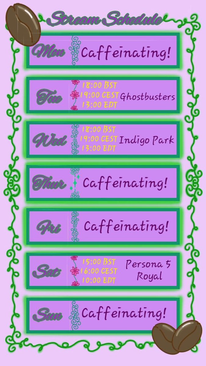 Stream schedule for this week! Gonna have evening streams more often for Spooky season!

Hope you all have a good timezone! ^.^ 🍀