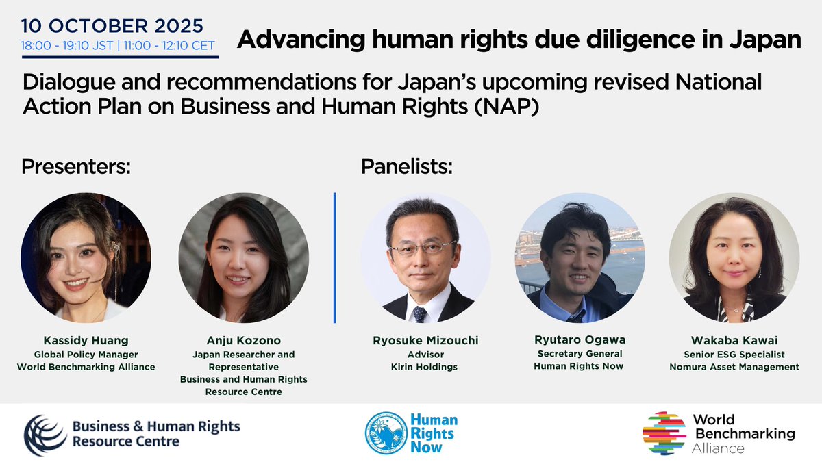 【10/10 (Fri) Webinar!📢】<a href="/SDGBenchmarks/">World Benchmarking Alliance</a>, <a href="/BHRRC/">Business & Human Rights</a>, and HRN are co-hosting a webinar on recommended revisions of Japan's National Action Plan to support human rights due diligence.📜 
Please join us!
Details and registration here✨→ hrn.or.jp/eng/news/2025/… #humanrightsDD