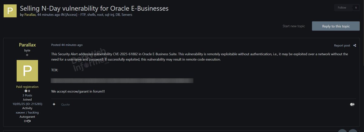 DarkWebInformer's tweet image. 🚨A threat actor is claiming to sell the N-day Oracle E-Businesses exploit (CVE-2025-61882)