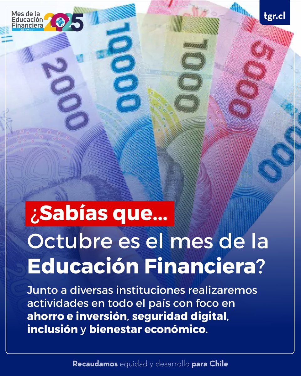 💡 ¿Sabías que octubre es el Mes de la Educación Financiera?

Esta iniciativa es organizada por la <a href="/cmfchile_/">Comisión para el Mercado Financiero (CMF)</a>, el <a href="/Min_Hacienda/">Ministerio de Hacienda</a>, la <a href="/Superpensiones/">Super de Pensiones</a>, <a href="/SERNAC/">SERNAC</a> y TGR, entre otras instituciones. 🤝 ¡Sigue nuestras redes sociales y entérate de nuestras próximas actividades!