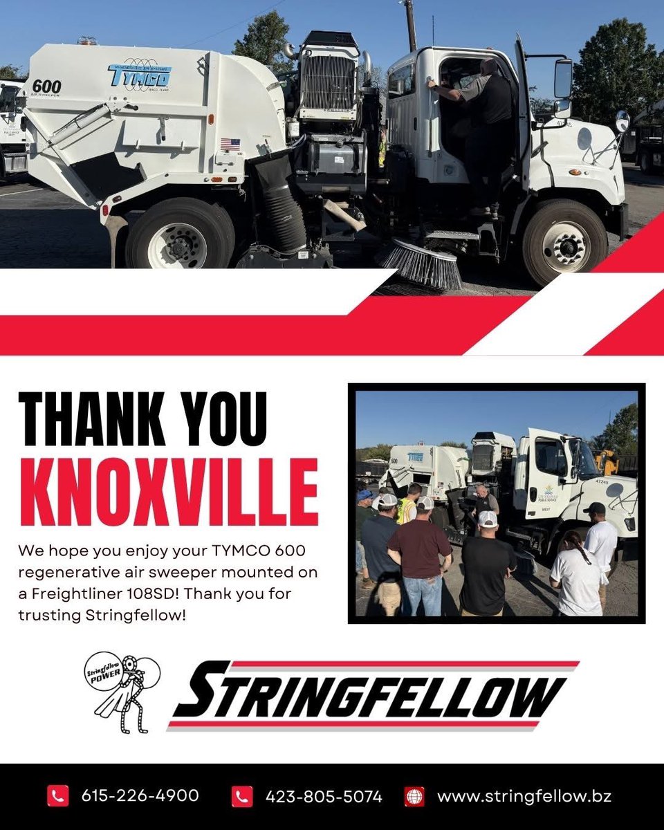 StringfellowInc's tweet image. Thank you, Knoxville! 🌟 Your new TYMCO 600 regenerative air sweeper is ready to roll (and looks good doing it)! We’re proud to be your trusted team for cleaner, greener streets.

Thank you for choosing Stringfellow! Keeping your city moving forward is what we do best! 💪
