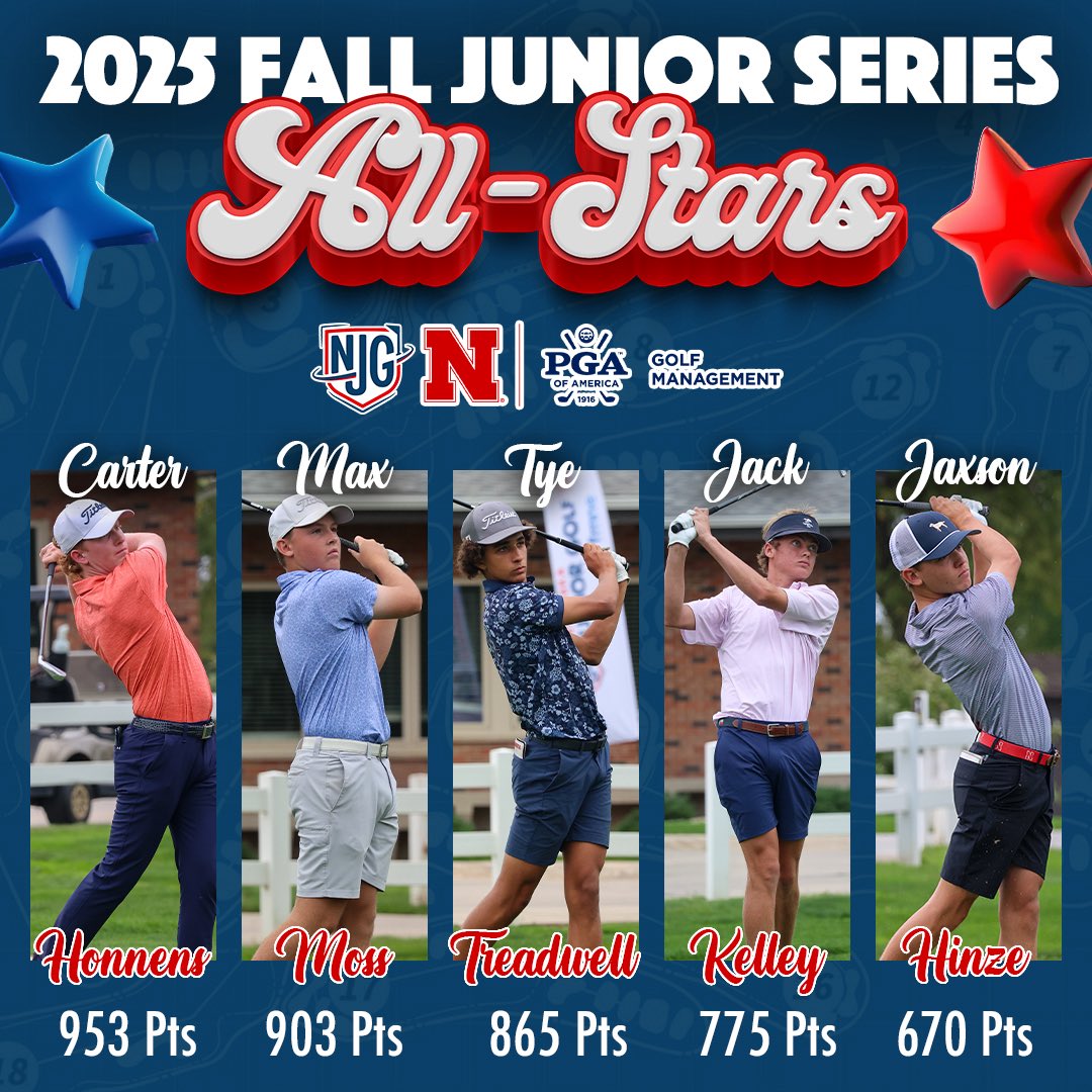 Introducing our 2025 Fall Junior Series All-Star lineup. ⭐️ 

🏌️‍♂️Lincoln’s Carter Honnens
🏌️‍♂️Lincoln’s Max Moss
🏌️‍♂️Omaha’s Tye Treadwell
🏌️‍♂️Omaha’s Jack Kelley
🏌️‍♂️Waco’s Jaxson Hinze

Great playing to this group and thanks for coming out this fall. 👏 

<a href="/UNLPGM/">UNL PGA Golf Management</a> | #FJS