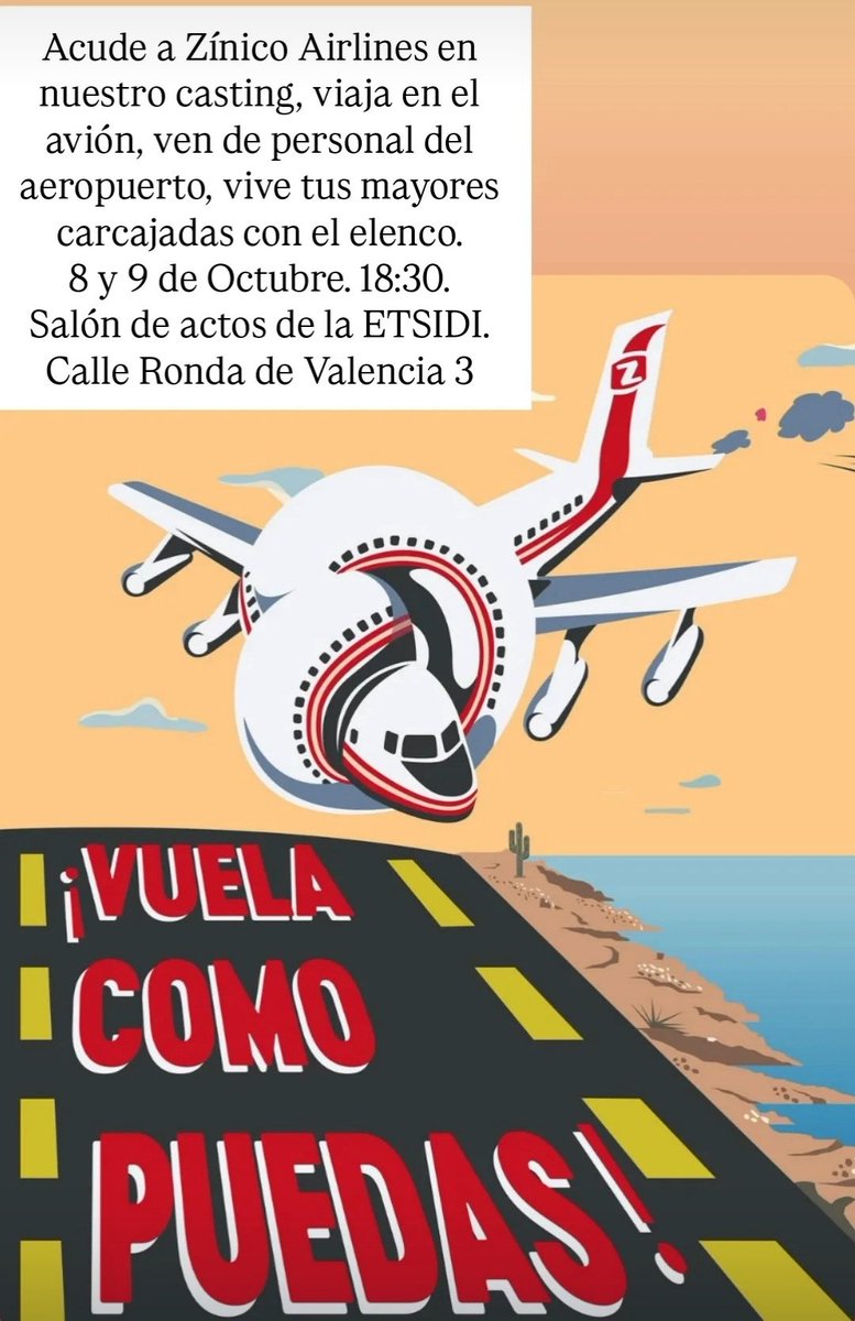 ¿Tienes ganas de hacer teatro y vives en Madrid? Apúntate a los castings de Vuela como puedas y si quieres participar pero no puedes ir el 8 o 9 de Octubre a la <a href="/ETSIDI_UPM/">ETSIDI de UPM</a> dínoslo:
docs.google.com/forms/d/e/1FAI…
#ÚneteAZínico #SúbeteAlAvión