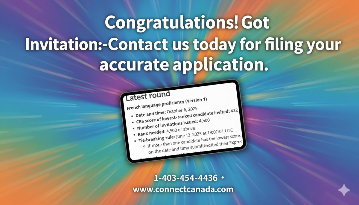 connectcanadapr's tweet photo. Congratulations!

Got invitation?-  French Language Draw

CRS:432
Invitations Sent:4500

Contact us today for accurate filing of your application. https://t.co/4vnrAInfbr