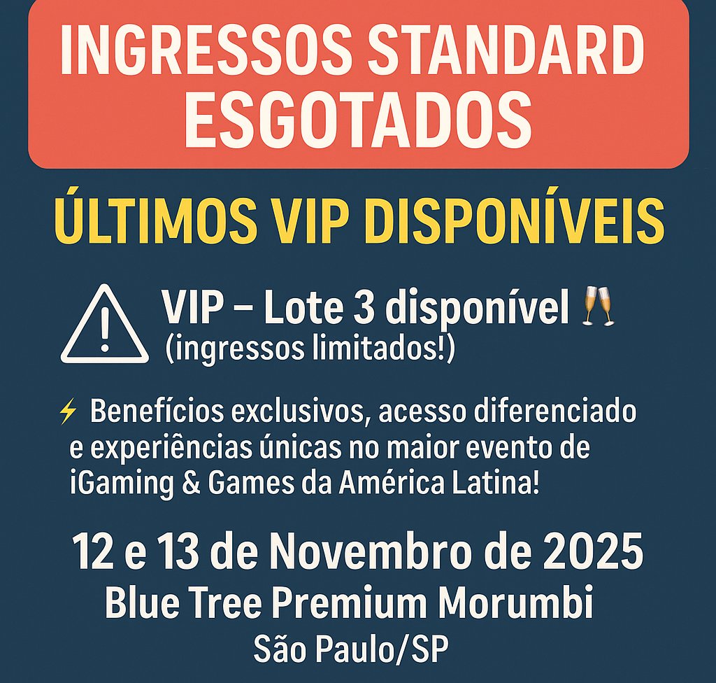 alelisboa_tk's tweet photo. Os ingressos Standard para o IGI Expo 2025 já estão ESGOTADOS 🚨
Mas ainda dá tempo de garantir o seu lugar: 
➡️ https://t.co/bU5SClMMA7

USE A PROMOCODE: PROMO35 e tenha 35% de desconto .

📅 12 e 13 de Novembro de 2025
 📍 Blue Tree Premium Morumbi – São Paulo/SP https://t.co/1wR17jSDYU