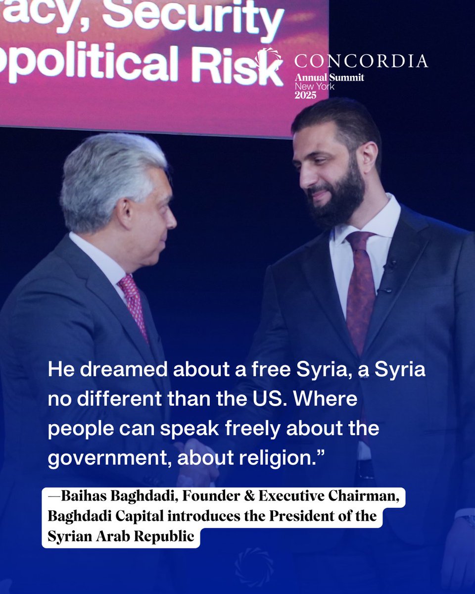 ConcordiaSummit's tweet image. We were honored to welcome Baihas Baghdadi, Founder &amp;amp; Executive Chairman of Baghdadi Capital, to #Concordia25  

Baihas delivered opening remarks for H.E. Ahmed al-Sharaa, the President of the Syrian Arab Republic. 
 
You can watch the full remarks here: youtu.be/e4sQYIxItsM?si…
