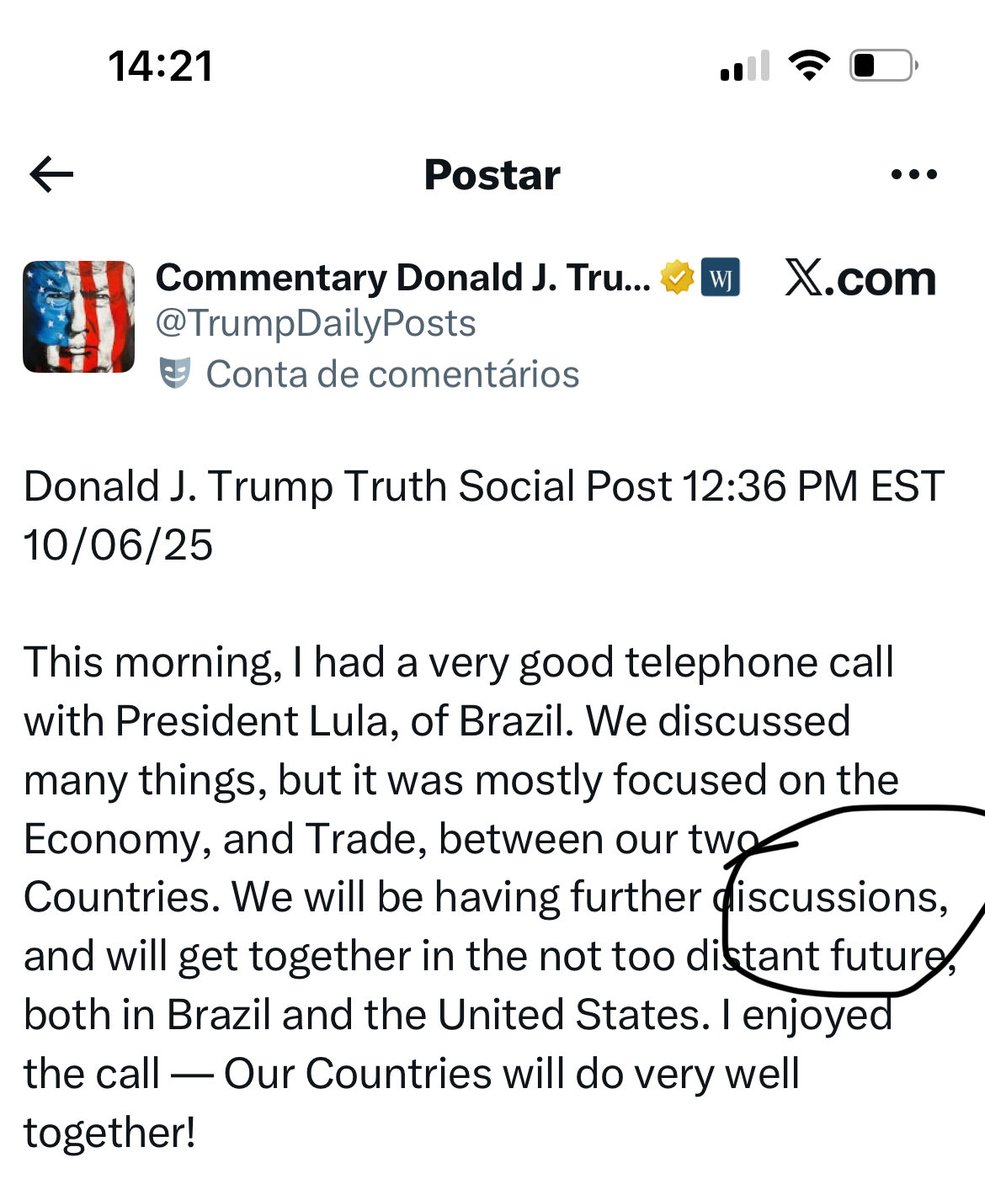 Tomem… o <a href="/realDonaldTrump/">Donald J. Trump</a> vai ter só discussão com o <a href="/LulaOficial/">Lula</a> . Vão brigar