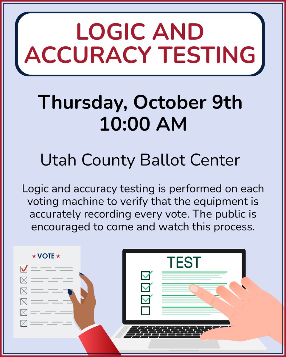 Ever wonder how we make sure voting machines are properly counting your ballot? 

Join us this Thursday at 10AM in our Ballot Processing Center, located at 100 E Center Street in Provo for a logic and accuracy test of our voting equipment!