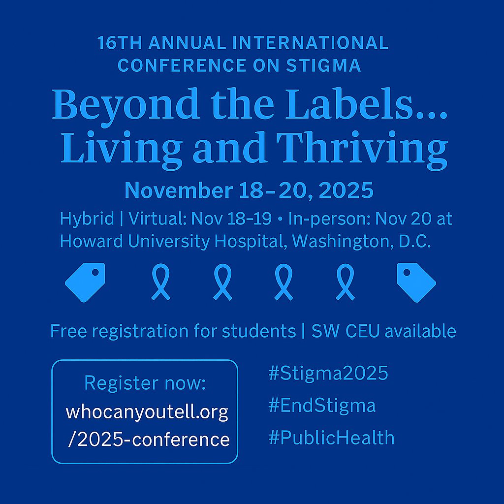 WhoCanYouTell's tweet image. It&apos;s time to register for our 16th Annual International Conference on Stigma at #HowardUniversity in November. We have dynamic panels, speakers and experiences being planned right now. Don&apos;t miss it. #HUEmpowerProject #HUStigmaProject
🖥️Register here: loom.ly/1U-K5-E