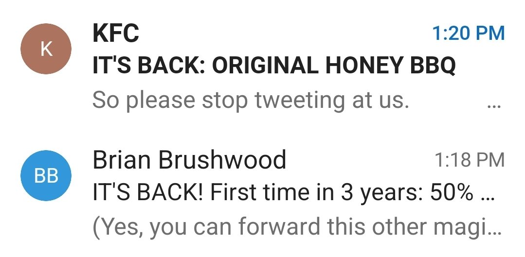 whitehousemagic's tweet photo. @shwood What's the connection with KFC Brian?Litterly received these emails within 2 min of each other! 🤣 https://t.co/dm9w2ESCii