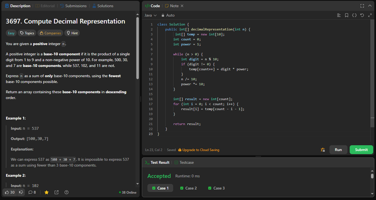 coder_s_Snippet's tweet image. #DailyCodingChallenge
Day 215
Task: Decompose a number into the fewest base-10 components (digit × power of 10) in descending order.
Solution: Extract non-zero digits with place values, store them, then reverse to get descending order.
#LeetCode