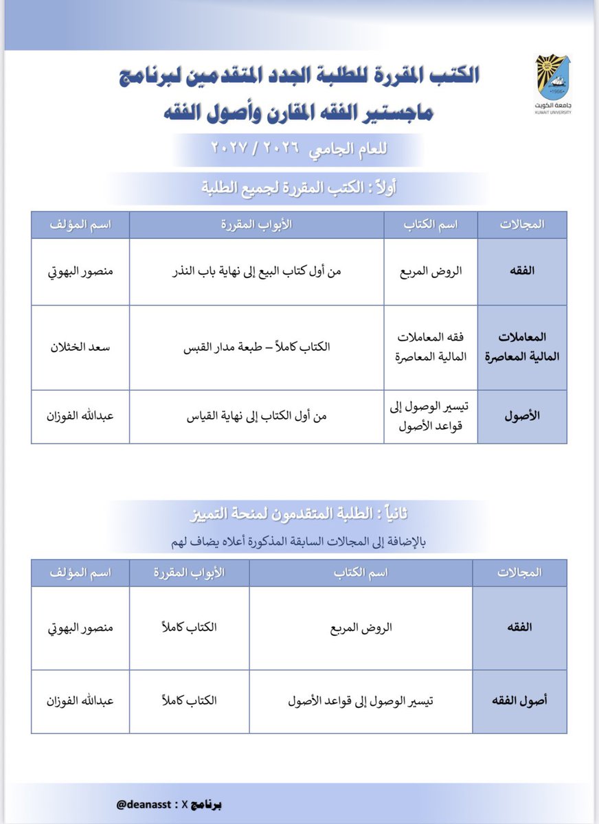 group_cogs's tweet image. الكتب المطلوبة للتقديم الجديد لبرنامج الماجستير والدكتوراه في الفقه المقارن واصول الفقه 
2026/2027