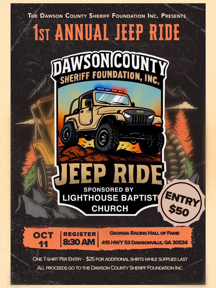 Jeep lovers, this one’s for you! Come out Saturday for a scenic North Georgia mountain ride supporting the Dawson County Sheriff Foundation, Inc. Registration begins at 8:30 AM at the Georgia Racing Hall of Fame. #DawsonCounty #JeepRide #NorthGeorgia #SupportLocalLEO