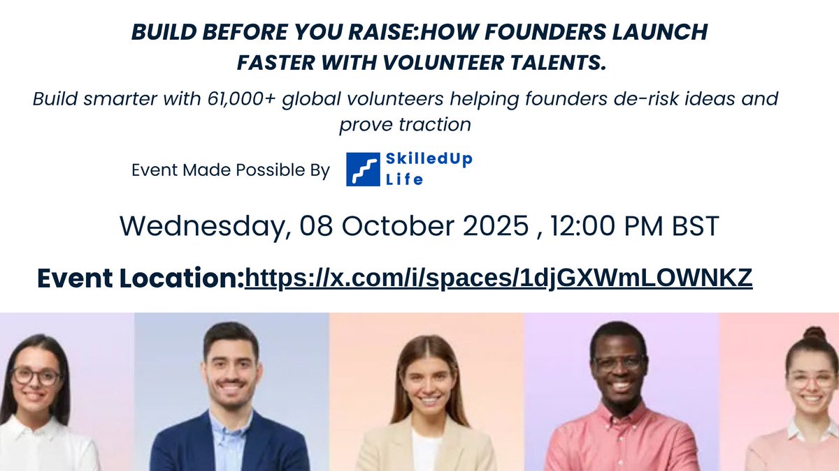 Every founder knows raising capital is hard. But building without a team? Harder.

That’s why <a href="/SkilledUpLife/">SkilledUpLife</a> built a 61K+ volunteer community to help founders launch faster from idea to traction 

🎙 Build Before You Raise
📅 Oct 8 | 12 PM BST
🔗 x.com/i/spaces/1djGX…
