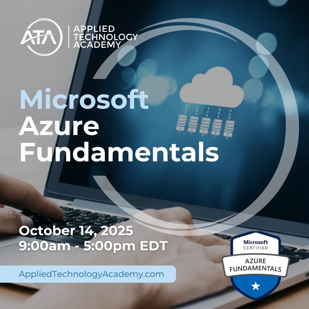 appliedtechac's tweet image. Ready to launch your career in the cloud? Start with our @Microsoft Azure Fundamentals course! 

Join us on October 14, 2025, from 9:00 AM - 5:00 PM EDT, to learn the core concepts of cloud computing and Azure services. This one-day training provides the foundational knowledge…
