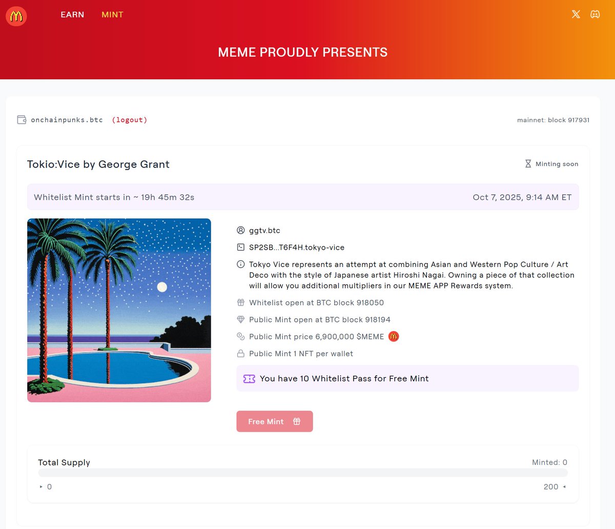 Whitelist checker for the upcoming TOKYO:VICE mint is now live at memecoinstx.com/mint

Whitelist Mint: BTC block 918050
Public Mint: BTC block 918194
Public Mint price: 6,900,000 $MEME / 1 per

You can buy $MEME on <a href="/VelarBTC/">Velar</a> 

Big shoutout to <a href="/instoppabile/">eriq.btc | eriq.x</a> for handling the