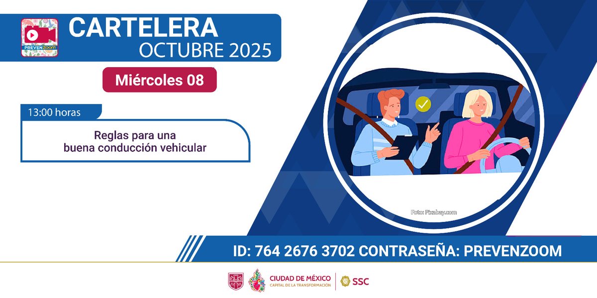#ElConsejo te invita a participar en el ciclo de conferencias que imparte la Dirección General de Prevención del Delito. 

¡Consulta la cartelera del día! 

Únete  👉 bit.ly/3ehPykz 
ID de reunión: 764 2676 3702 
Contraseña: PREVENZOOM. 
#CiudadSegura