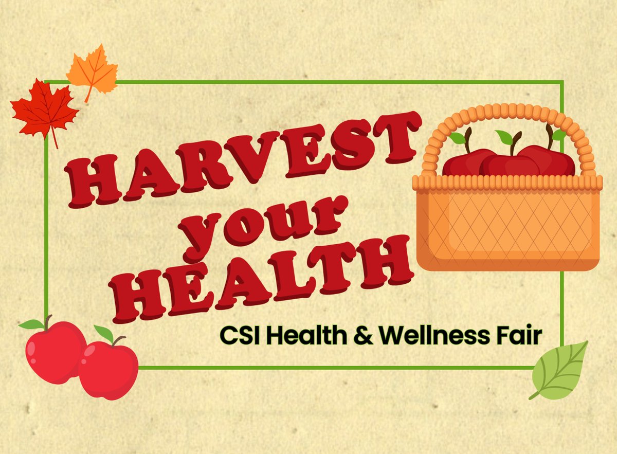 CSI_Wellness's tweet photo. THIS WEEK: FREE Health Fair 

Harvest Your Health: CSI Health &amp; Wellness Fair
Thursday, October 9
12 noon - 4:00 PM
Campus Center (1C) - Rotunda 

Credit available for students: PG CLUE, VELA and ASAP/ACE 2nd Contact

#CSIHW #CSIHealthWellness #MyCSI #CollegeOfStatenIsland #CUNY https://t.co/dUKpCnqm1G