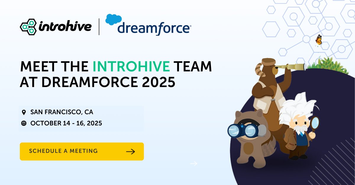 Introhive's tweet image. #Dreamforce2025 is almost here! Book a meeting with the Introhive executive team 👉calendly.com/introhive_meet… to explore our latest Relationship Intelligence innovations. Let’s chat in San Francisco! ✨