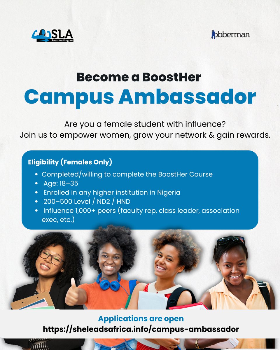 SheLeadsAfrica's tweet photo. Are you that girl on campus?

The one everyone knows? 😎

Turn your influence into impact with the SLA BoostHer Campus Ambassador Program!

✅ Empower women
✅ Expand your network
✅ Earn rewards

Applications are now open for Students in every campus, and any gender.

Apply Now via: https://t.co/Eb9ZzzV4Kd
.
.
.
.
#campusambassador #sla #slaboosther #nigerianstudents