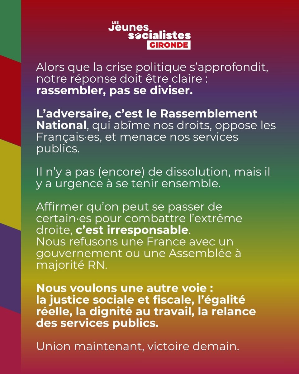 Être à la hauteur, c’est refuser la division et rassembler toute la gauche.
La jeunesse est claire : pas de RN.
En 2024, l’union a fait la différence, à nouveau c’est nécessaire pour défendre la justice sociale, l’écologie et nos services publics.