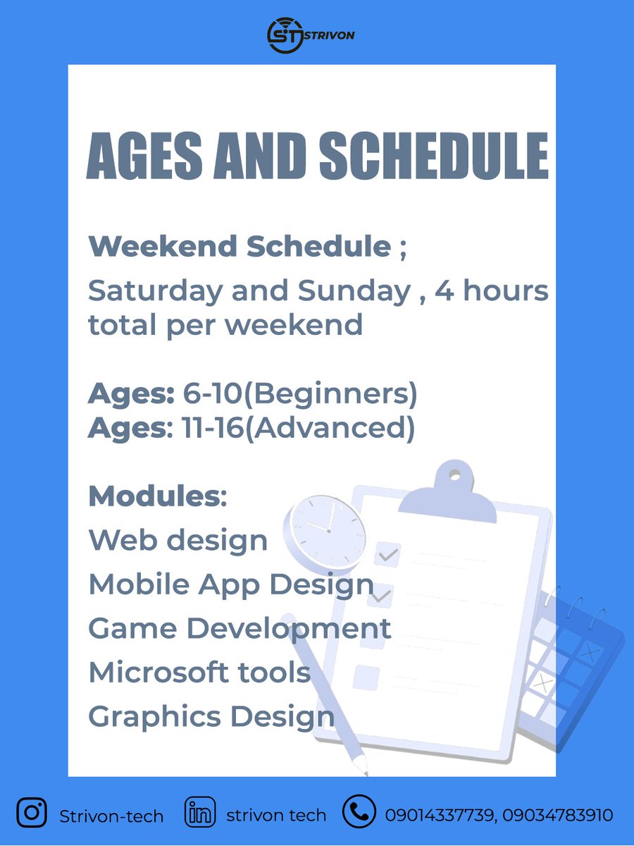 StrivonTech's tweet image. Coding, creativity & confidence; all in one weekend 💻✨
Our weekend classes at Strivon Tech help kids learn real tech skills, from websites to mobile apps.
Small groups. Big results. 🚀
📅 Sat & Sun; Ages 6–16
💬 DM to register your child today.
#CodingForKids #StrivonTech
