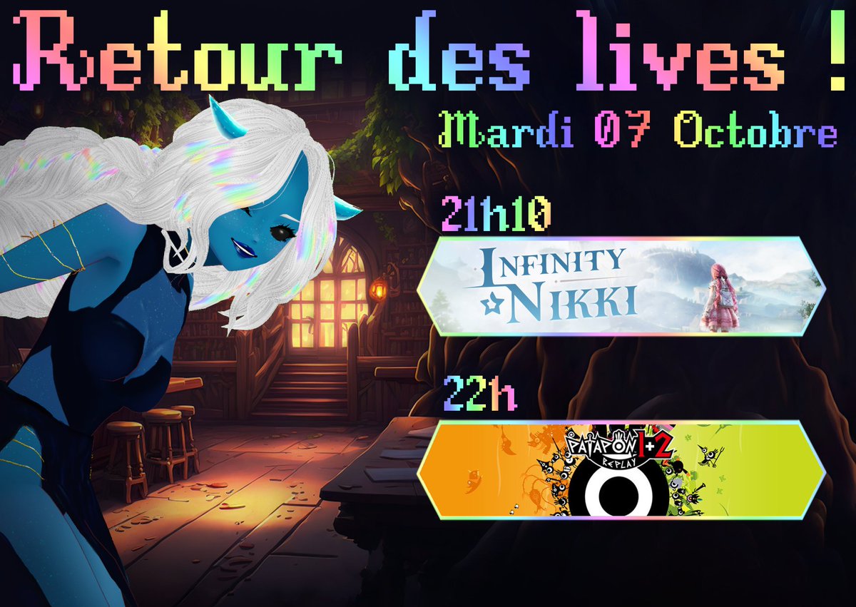 OniHoloVT's tweet photo. Mes vacances sont finit et la maladie aussi ! (enfin presque😅)
C'est avec joie que je vous annonce mon retour : 
Mardi 07 Octobre à 21h !! 
💎A 21h10 Infinity Nikki 
💎 22h sur mon jeux de la nostalgie : Patapon !  
A demain ! https://t.co/7oDK4EH87p