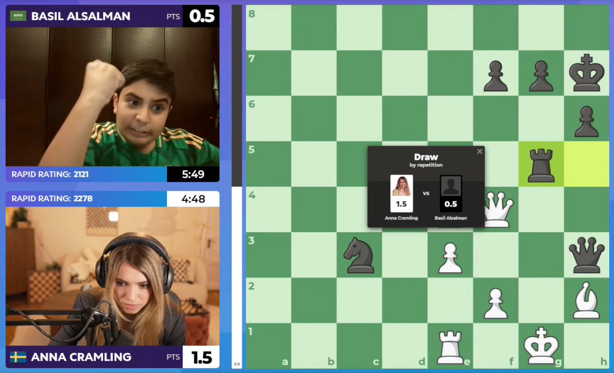 ChessKidcom's tweet image. BASIL FIST PUMPS FOR THE DRAW!! 🤩