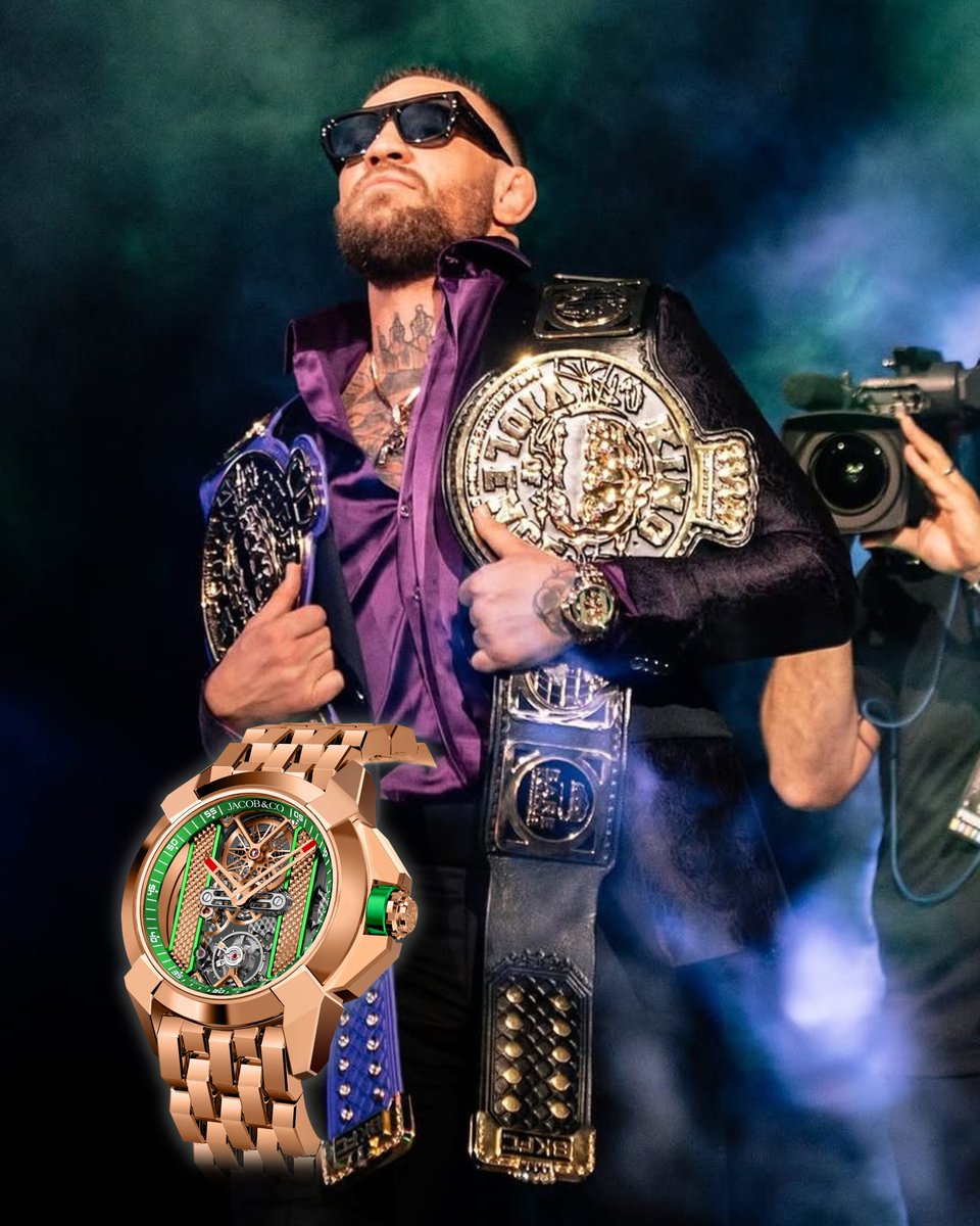 _Jacobandco's tweet image. Conor McGregor @thenotoriousmma shines in the bold 18k rose gold Epic X Bridges by Jacob & Co. Featuring the fully skeletonized Caliber JCAM45, this masterpiece showcases a brand-new design inspired by the case’s sharp angles and fluid curves.
#jacobandco…