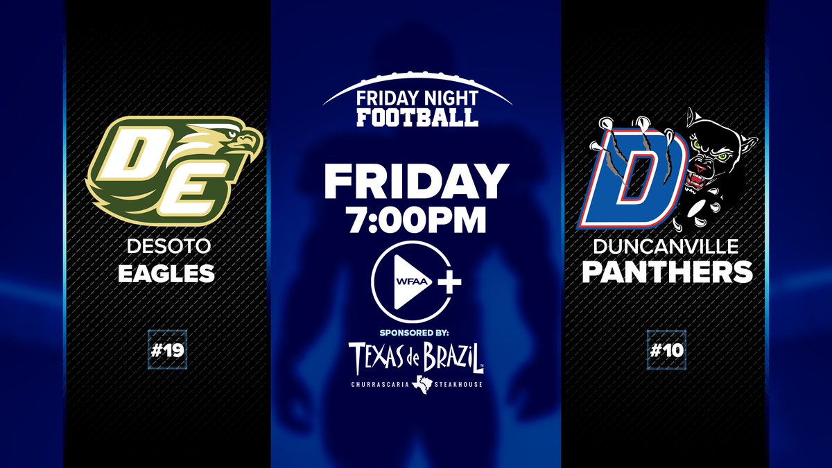 MikeLeslieWFAA's tweet photo. A Top 20 clash between two of the premier HS football programs in America.

#19 @FootballDesoto vs. #10 @Duncanville_FB 

#TXHSFB Royalty, going head-to-head.

𝑭𝑹𝑰𝑫𝑨𝒀 𝑵𝑰𝑮𝑯𝑻 𝑭𝑶𝑶𝑻𝑩𝑨𝑳𝑳
Watch live for free, Friday at 7pm on WFAA+

@WFAA @desotoisdeagles @DuncanvilleISD @hekma_harrison @txfblife @txhsfbchat @TXHSFB @txhsfbgameday @THSCAcoaches @TXHSFB_Insider @DeSotoPD @DuncanvillePD @DuncanvilleBB @DeSotoeagles @PantherettesBB @Duncanville_HS @CityDuncanville @desoto @DvilleHsSoccer @txhsfb6a  @TXHSFBRecruits @on3 @rivalshs @Rivals