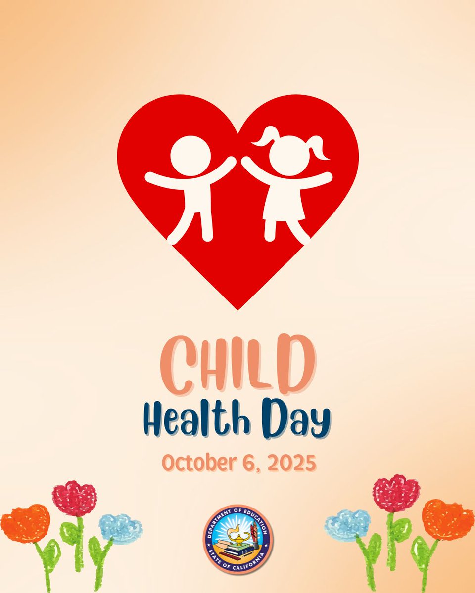 CADeptEd's tweet image. Today is #ChildHealthDay, a reminder that healthy children learn better and thrive in every way! 💪🍎

The CDE remains committed to supporting the whole child through programs that promote nutrition, mental health, and overall well-being in our schools.