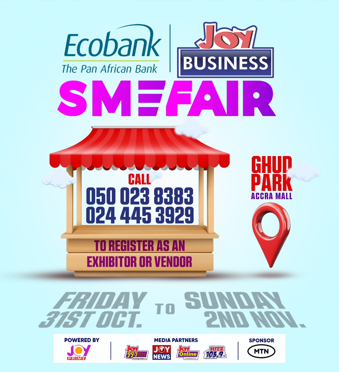 Are you an entrepreneur? Get ready to shine at the EcoBank JoyNews SME Fair. From October 31st to November 2nd, you have the fantastic opportunity to showcase your unique products or services to a wider audience. Don't miss out! Mark your calendars and join us at the Ghud Park,
