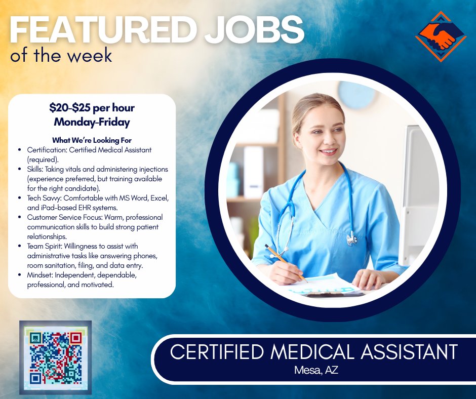 JCSFAMILYINC's tweet image. We still have CMA positions available at our JobConnection Services, Inc. Mesa office. To find out more about this job, please scan the link or contact our  office .

#jobs #hiring #CMA #jobspotlight #workingforyou #jcsfamilyinc #jobconnectionservices