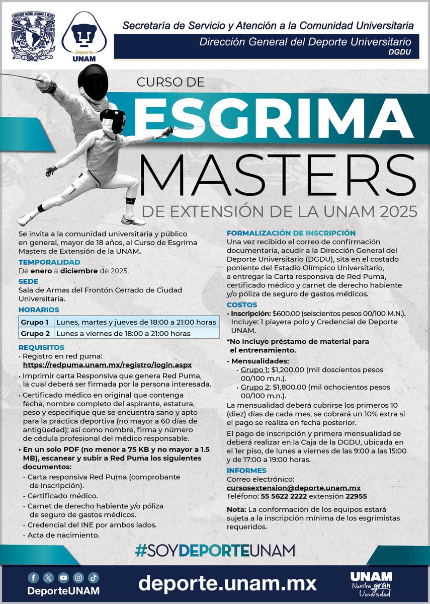 DeporteUNAM's tweet image. 🔝 Anímate a participar en nuestros cursos #Masters 2025 🐾
🤺Esgrima
🏹Tiro con arco
🥋Judo
¡Y muchos más! ℹ️ cursosextension@deporte.unam.mx
Tel. 55 5622 2222 ext. 22955
#SoyDeporteUNAM