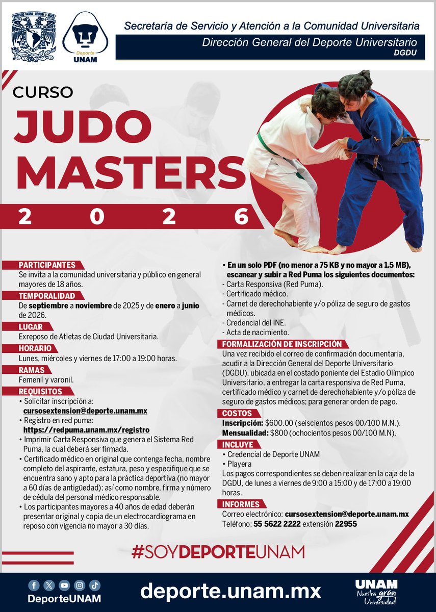 DeporteUNAM's tweet image. 🔝 Anímate a participar en nuestros cursos #Masters 2025 🐾
🤺Esgrima
🏹Tiro con arco
🥋Judo
¡Y muchos más! ℹ️ cursosextension@deporte.unam.mx
Tel. 55 5622 2222 ext. 22955
#SoyDeporteUNAM