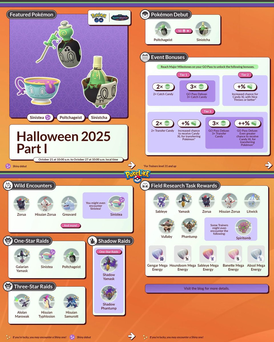 Halloween 2025 Part I Event in #PokemonGo  Poltchageist & Sinistcha  debut!  Shiny Sinistea!  Spiritomb in research tasks!  Halloween GO  Pass!