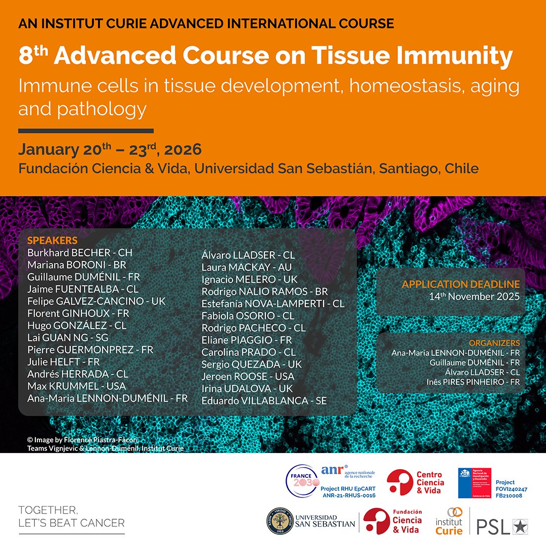 Fundacion Ciencia & Vida (@funcienciayvida) on Twitter photo 🔬 8th Advanced Course on Tissue Immunity
🗓 Jan 19-22, 2026 | SCL
🎓 For MSc, PhD & Postdoc students
💡 Includes lectures, workshops, posters & networking
✈️ Travel grants available
👉 More info: Bit.ly/4nFozRz
#Immunology #TissueImmunity #Research #CentrosAnid 🔬 8th Advanced Course on Tissue Immunity
🗓 Jan 19-22, 2026 | SCL
🎓 For MSc, PhD & Postdoc students
💡 Includes lectures, workshops, posters & networking
✈️ Travel grants available
👉 More info: Bit.ly/4nFozRz
#Immunology #TissueImmunity #Research #CentrosAnid