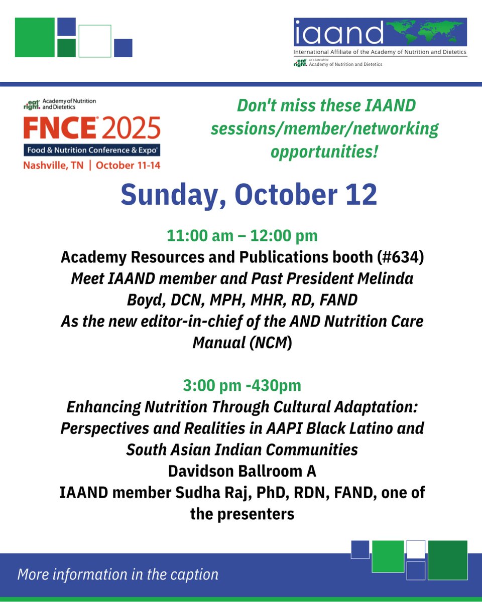 EatRghtOverseas's tweet photo. ๐ Counting down to #FNCE2025 in Nashville! ๐ถ
Donโt miss IAAND sessions, booth #1056 & our Networking + Awards Reception (Oct 13, 11:30 AM, Room 204).
Full details ๐ https://t.co/E2Z61Hq3L0
#IAAND #Nutrition #Dietetics #GlobalNutrition #FNCE https://t.co/K9rEw83ksn