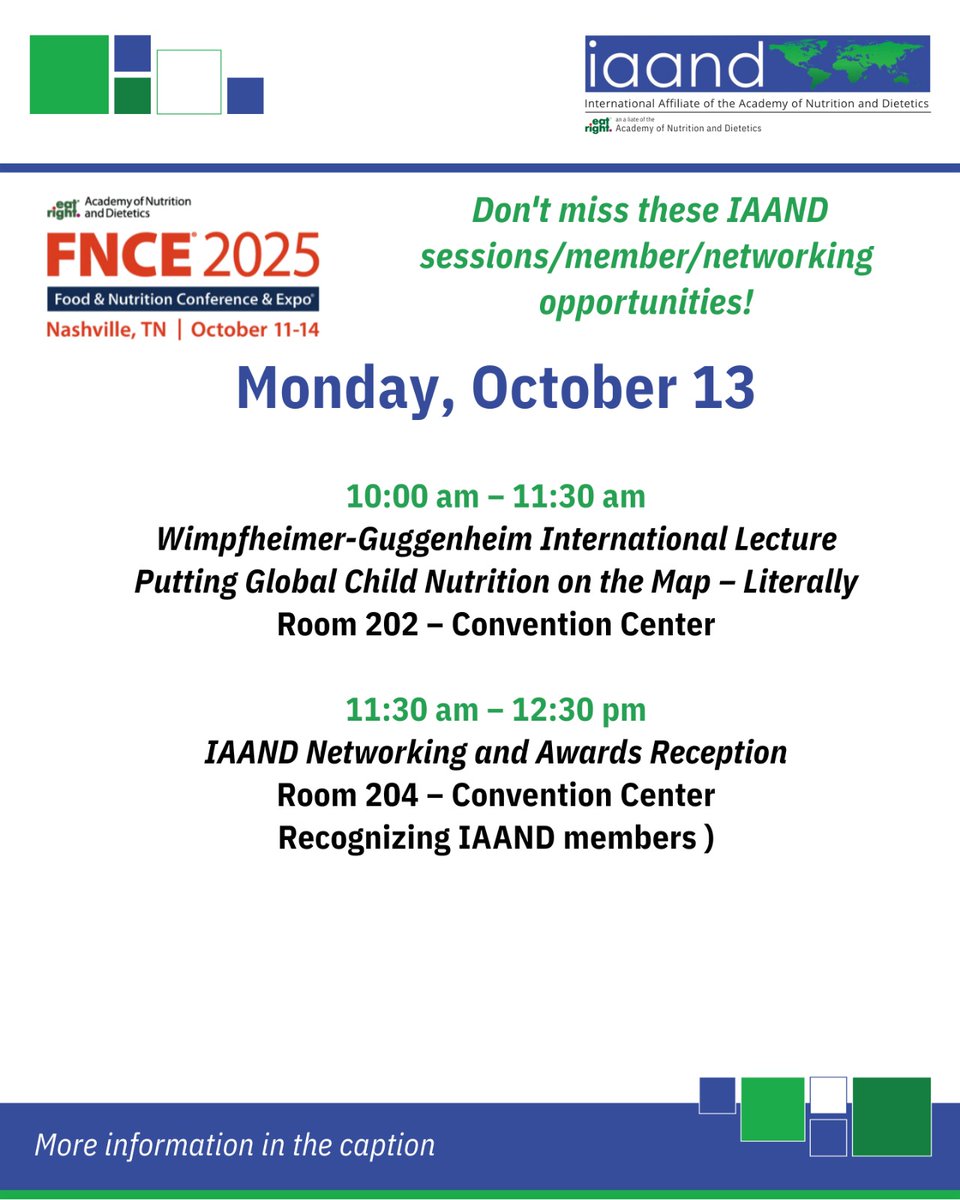 EatRghtOverseas's tweet photo. ๐ Counting down to #FNCE2025 in Nashville! ๐ถ
Donโt miss IAAND sessions, booth #1056 & our Networking + Awards Reception (Oct 13, 11:30 AM, Room 204).
Full details ๐ https://t.co/E2Z61Hq3L0
#IAAND #Nutrition #Dietetics #GlobalNutrition #FNCE https://t.co/K9rEw83ksn