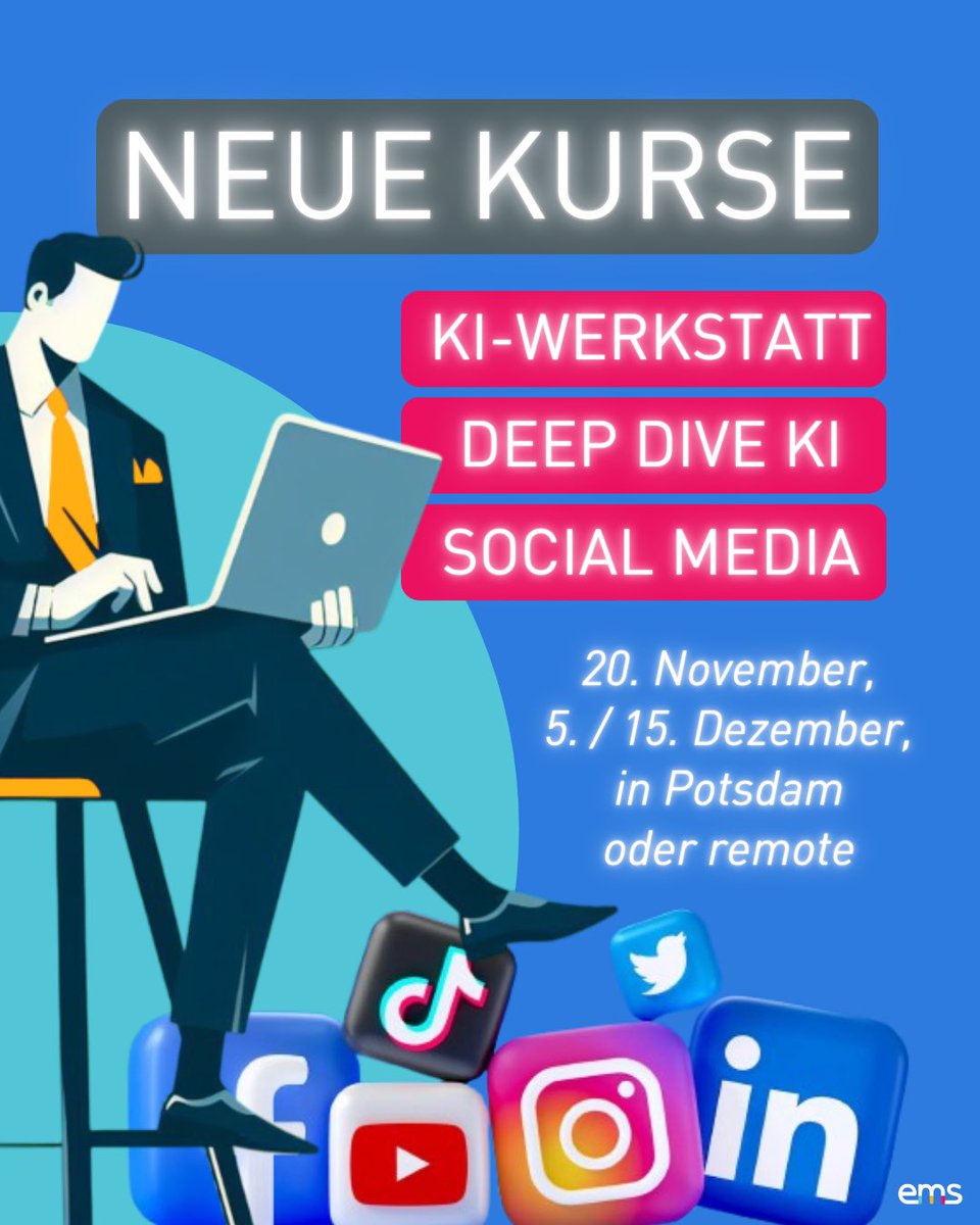 emsMedienschule's tweet photo. Was trendet gerade auf Social Media? Und wie hilft uns KI bei der redaktionellen Arbeit? 

Das erklären wir dir in unseren drei neuen Praxis-Kursen. Für Einsteiger und Fortgeschrittene. 

Sichere dir schnell noch Plätze! Infos, Preise, Anmeldung ➡️ https://t.co/8A3ZZxOns3 https://t.co/zYOCyJDd1O
