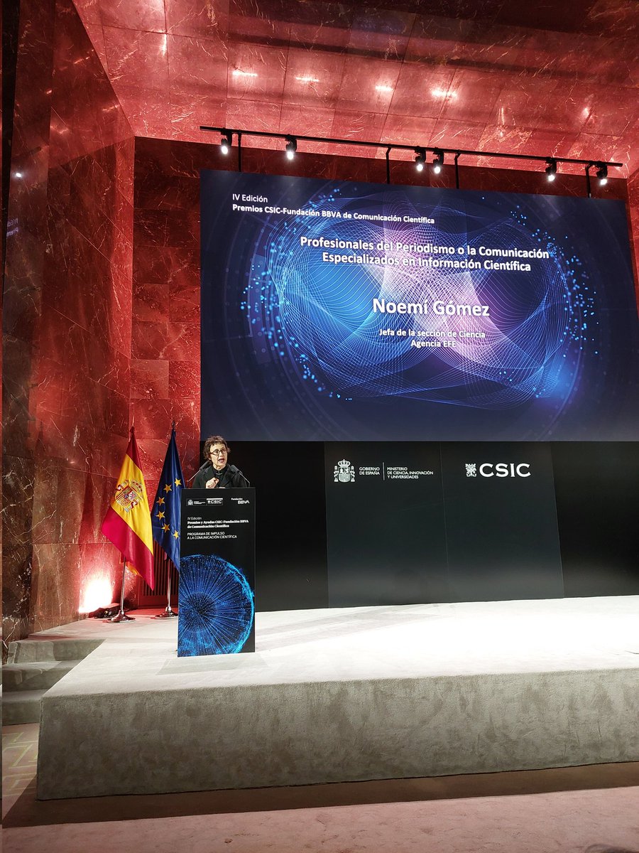 <a href="/CSIC/">CSIC</a> <a href="/delPinoE/">Eloísa del Pino</a> <a href="/IDAEA_CSIC/">Inst. of Environmental Assessment & Water Research</a> <a href="/ebdonana/">Estación Biológica de Doñana - CSIC</a> <a href="/iesa_csic/">IESA CSIC</a> <a href="/EEZCSIC/">Estación Experimental del Zaidín (CSIC)</a> <a href="/_ICMAT/">Inst. de Cc. Matemáticas</a> <a href="/ift_uam_csic/">Inst. Física Teórica</a> <a href="/ice_csic/">Institute of Space Sciences (ICE-CSIC)</a> <a href="/iaa_csic/">IAA-CSIC</a> <a href="/CSICdivulga/">CSIC Divulga</a> <a href="/edusadeci/">Eduardo Sáenz de Cabezón</a> <a href="/orbitalaika_tve/">Órbita Laika</a> <a href="/unirioja/">Universidad de La Rioja</a> <a href="/EFEciencia/">EFEciencia</a> “Los avances científicos son continuos en todos los campos y el periodismo especializado se ha convertido en un vehículo fundamental para extender este conocimiento validado, que empodera a la ciudadanía para tomar decisiones certeras”, declara Noemí Gómez <a href="/EFEciencia/">EFEciencia</a>