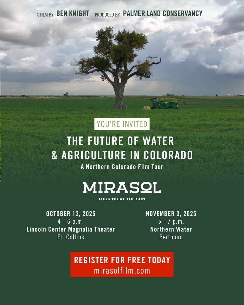 🌊Water is a lifeline, our future depends on it. You’re invited to 'The Future of Water in Colorado,' a Northern Colorado Film 📷Tour, Mirasol, which explores the value of water. 10-13-25, 4 --- 6 p.m., Lincoln Center, Fort Collins 11-3- 25, 5 --- 7 p.m., Northern Water, Berthoud