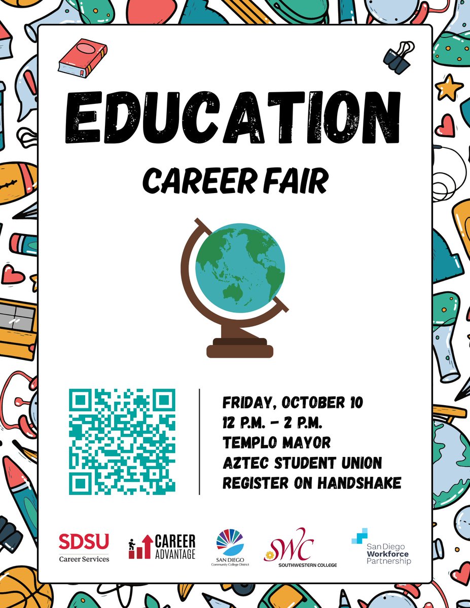 Calling all future educators! Don’t miss the Education Career Fair 🎉 happening Oct. 10 | 12–2 PM @ Aztec Student Union.

✨ Open to all SDCCD students!
✅ Register now on Handshake
🚗 Parking available (fees apply)

Take your first step toward inspiring the next generation!
