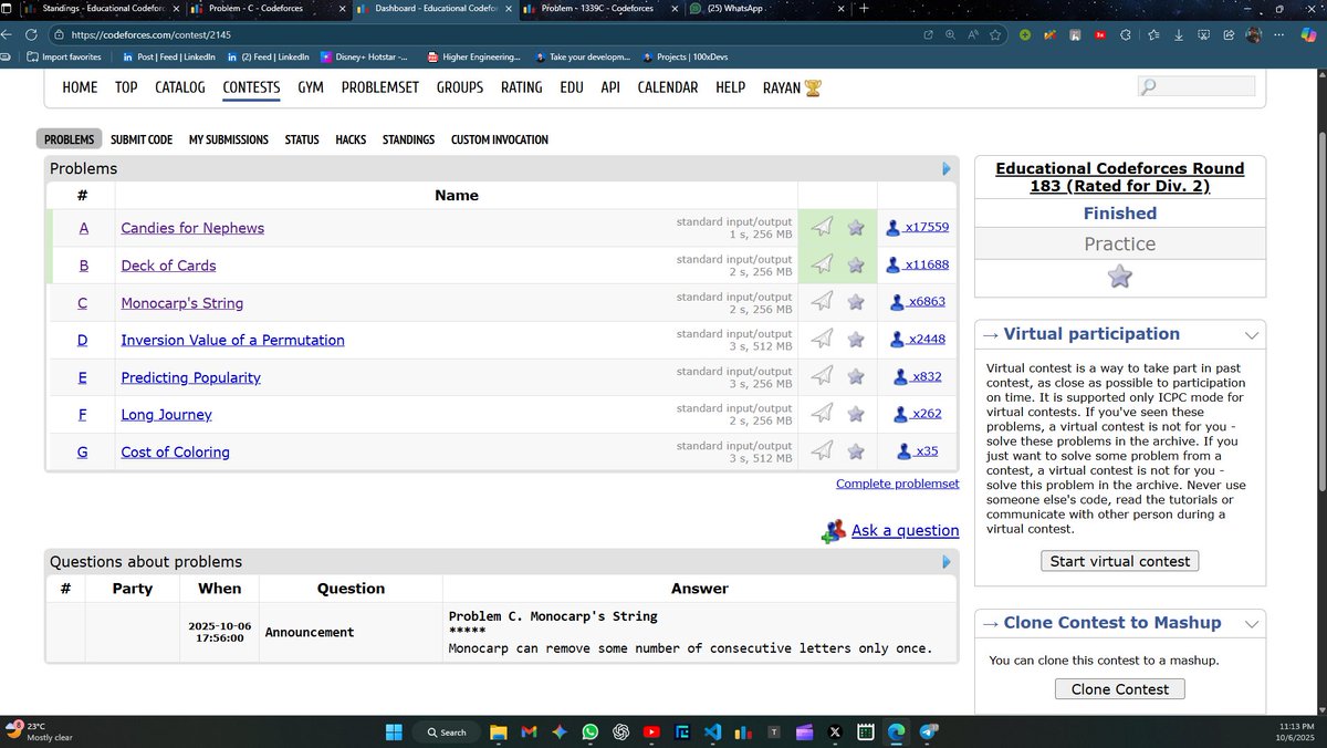 parveen125690's tweet image. Day 55 of #100DaysOfCode
🔹Solved 2 questions in todays educational round 183
#Codeforces #Leetcode #DSA #ProblemSolving