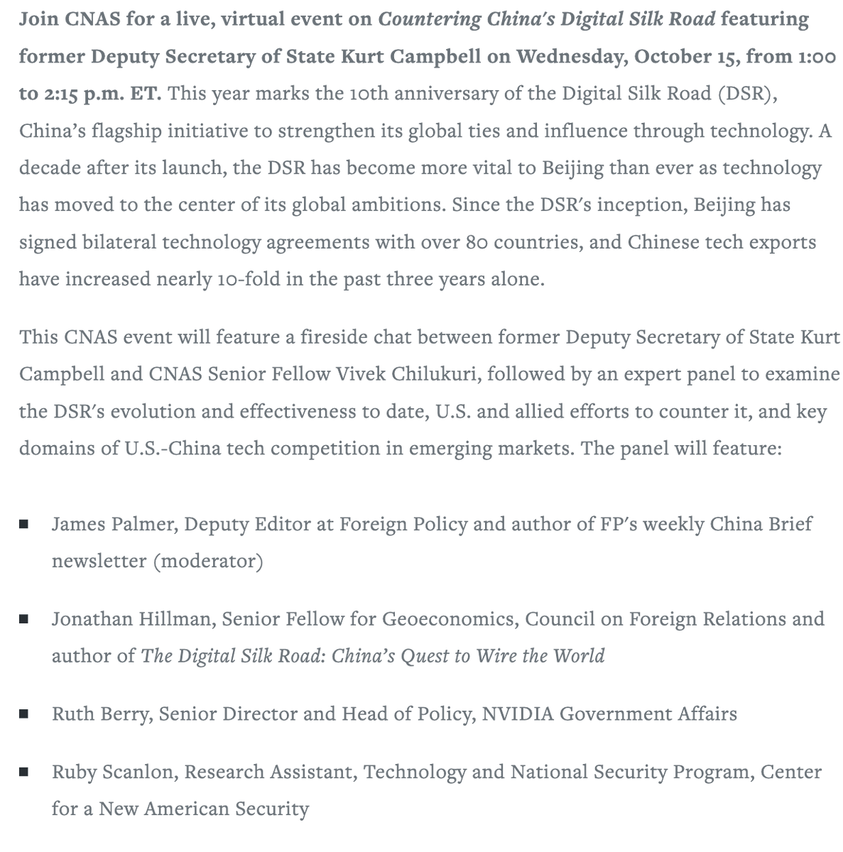 vivekchil's tweet image. 🔥 lineup for our Oct. 15 event on Countering China&apos;s Digital Silk Road 🇺🇸🇨🇳:

🎙️Fireside chat w/ former Dep. Secretary of State Kurt Campbell
🪑Expert panel w/ Jonathan Hillman (@CFR_org), Ruth Berry (@nvidia), @rubyscanlon, and James Palmer (@ForeignPolicy) 

Register ⬇️