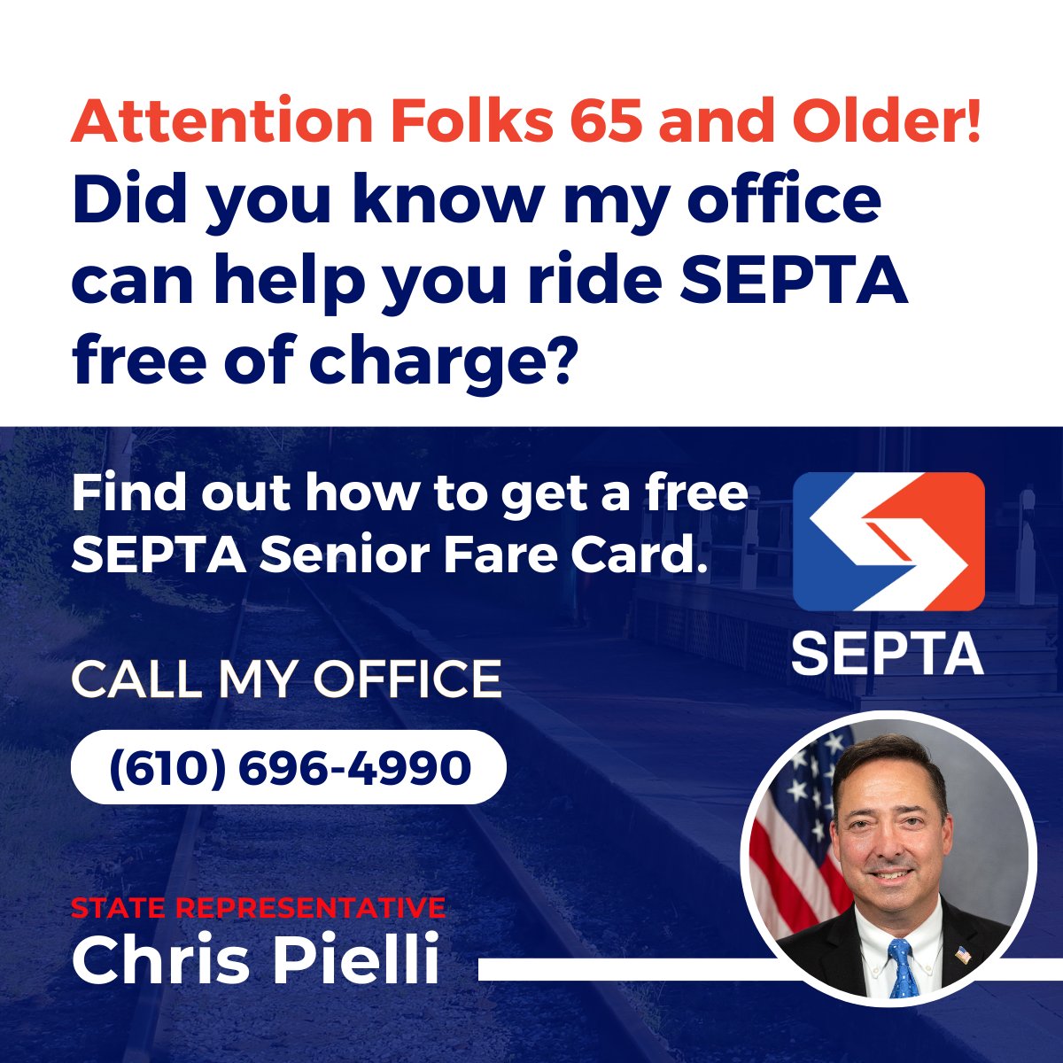 RepPielli's tweet image. Hi, folks 65 and older! - Did you know my office can help you ride SEPTA free of charge? Thankfully, this program remains safe from any future SEPTA cuts. Call my office at (610) 696-4990 to find out how to get a SEPTA Senior Fare Card.