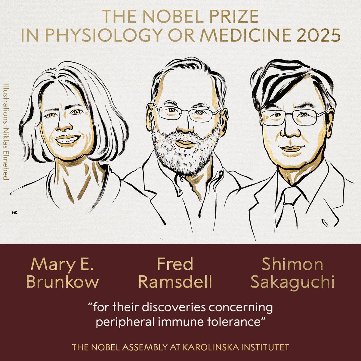 UPSCSCORE's tweet image. चिकित्सा के लिए #NobelPrize की घोषणा.

फिजियोलॉजी या मेडिसिन के लिए 2025 का नोबेल पुरस्कार मैरी ब्रंको, फ्रेड रैम्सडेल और शिमोन सकागुची को &quot;इम्यून टॉलरेंस&quot; से संबंधित खोजों के लिए प्रदान किया गया है. 

#nobelprize2025